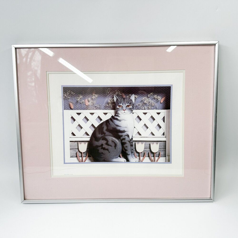 Vintage Cat Print Matted Framed Cottagecore Country